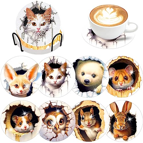 Diy 8pcs/set Animal  Diamond Painting Coasters with Holder