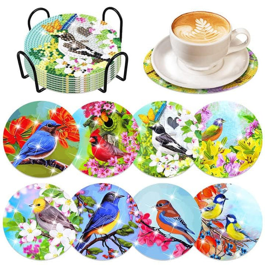 Diy 8pcs/set Bird Flower  Diamond Painting Coasters with Holder