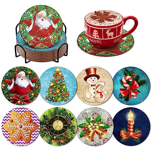 Diy 8pcs/set Christmas  Diamond Painting Coasters with Holder