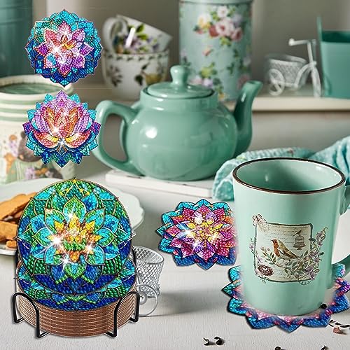 Diy 8pcs/set Lotus  Diamond Painting Coasters with Holder