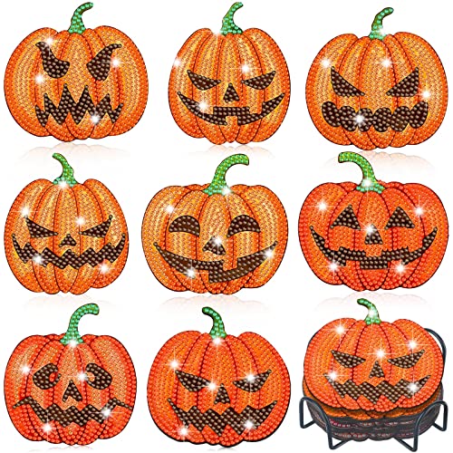 Diy 8pcs/set Pumpkin Halloween  Diamond Painting Coasters with Holder