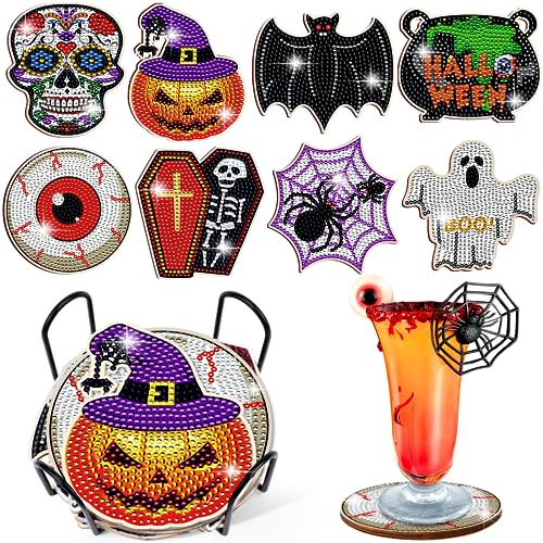 Diy 8pcs/set Skull Halloween  Diamond Painting Coasters with Holder