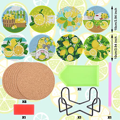 Diy 8pcs/set Summer Lemon  Diamond Painting Coasters with Holder