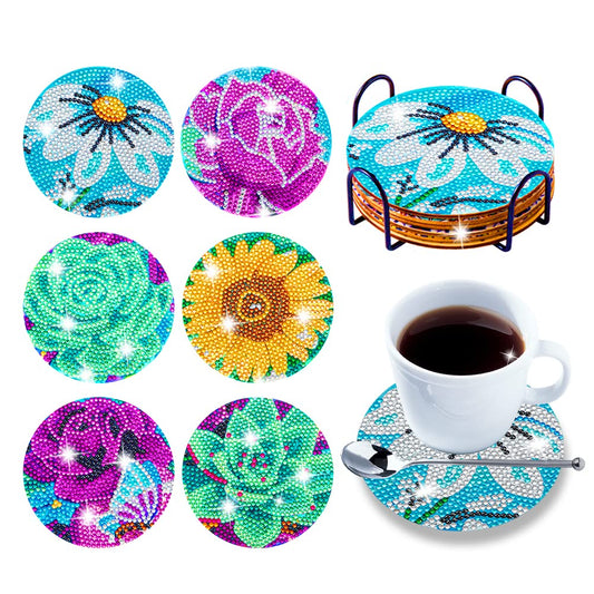 Diy 6pcs/set Landscape Flower  Diamond Painting Coasters with Holder