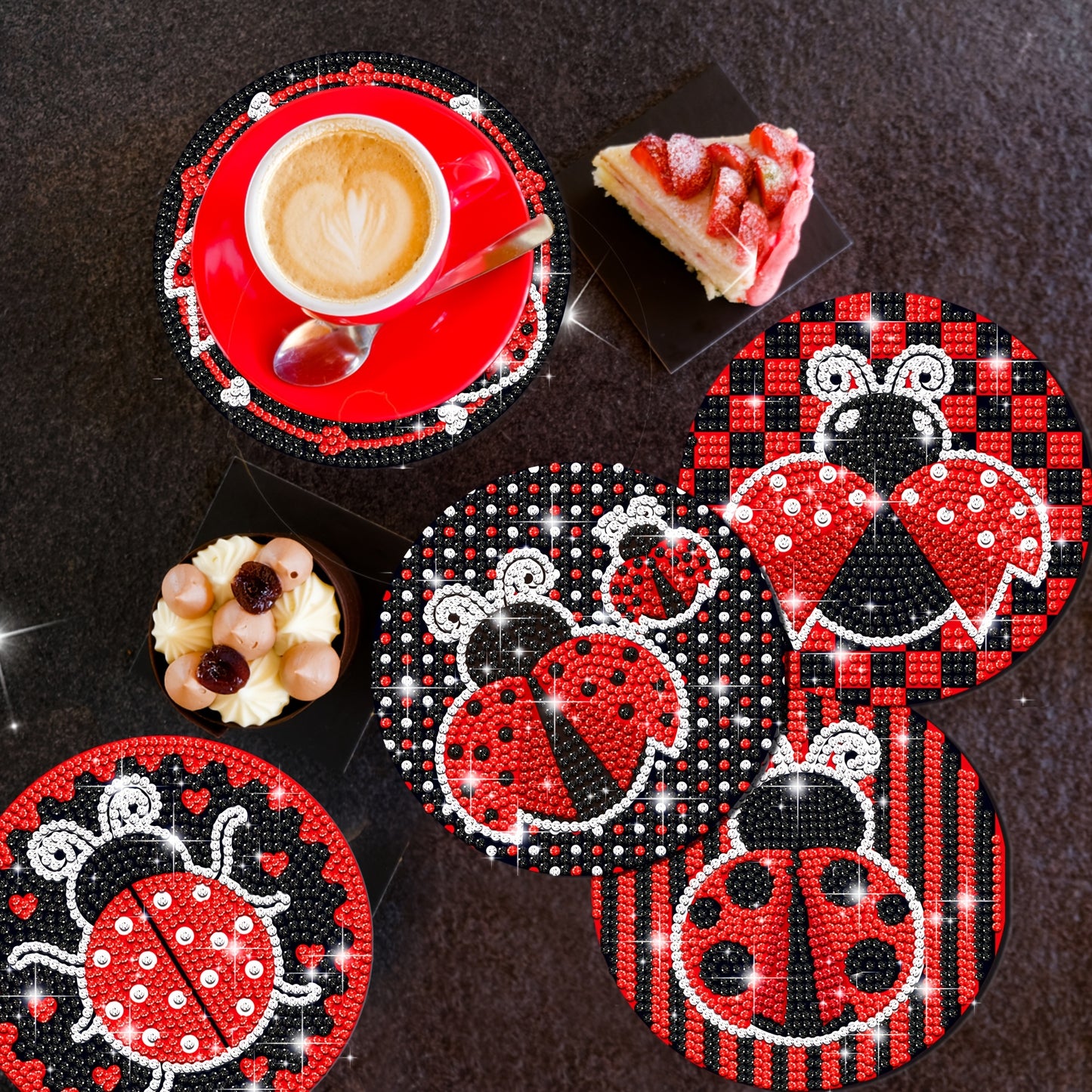 Diy 8pcs/set Ladybug Cartoon  Diamond Painting Coasters with Holder