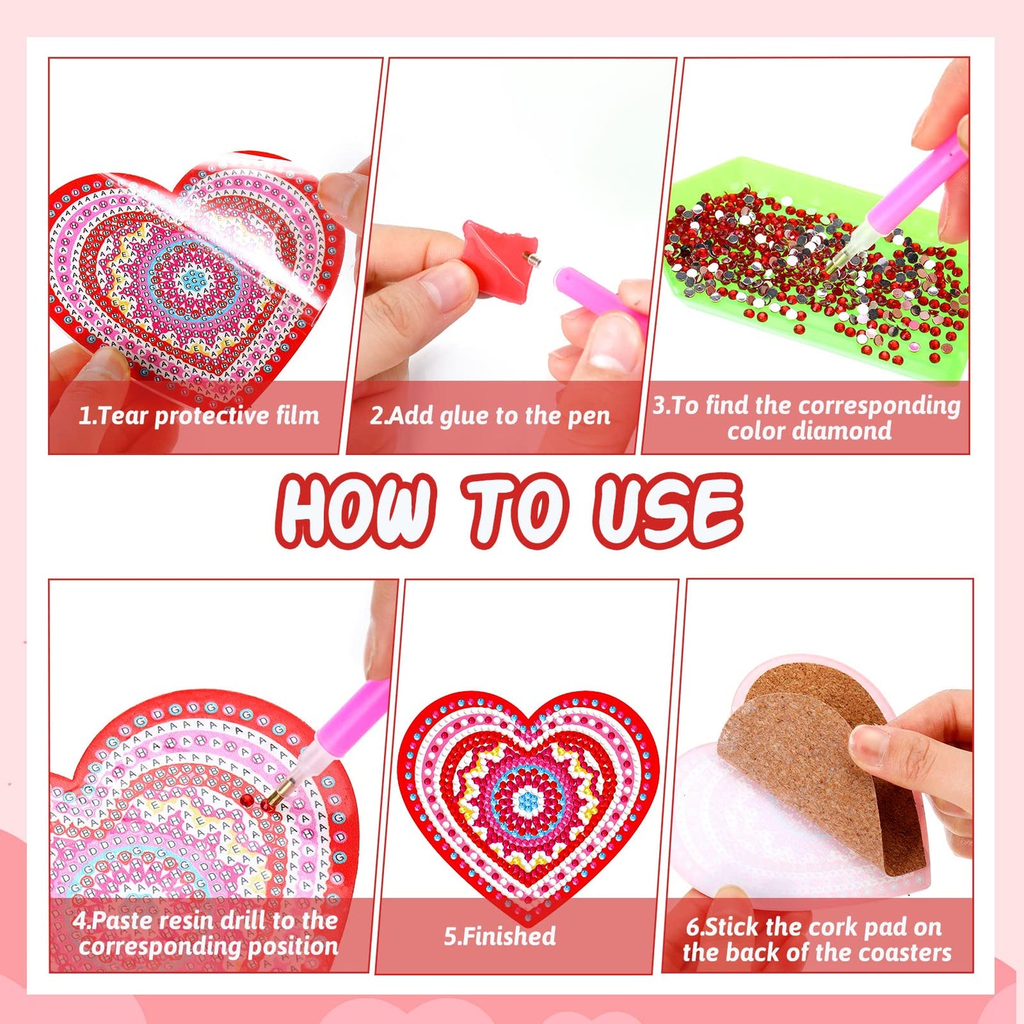 Diy 8pcs/set Valentine's Day  Diamond Painting Coasters with Holder