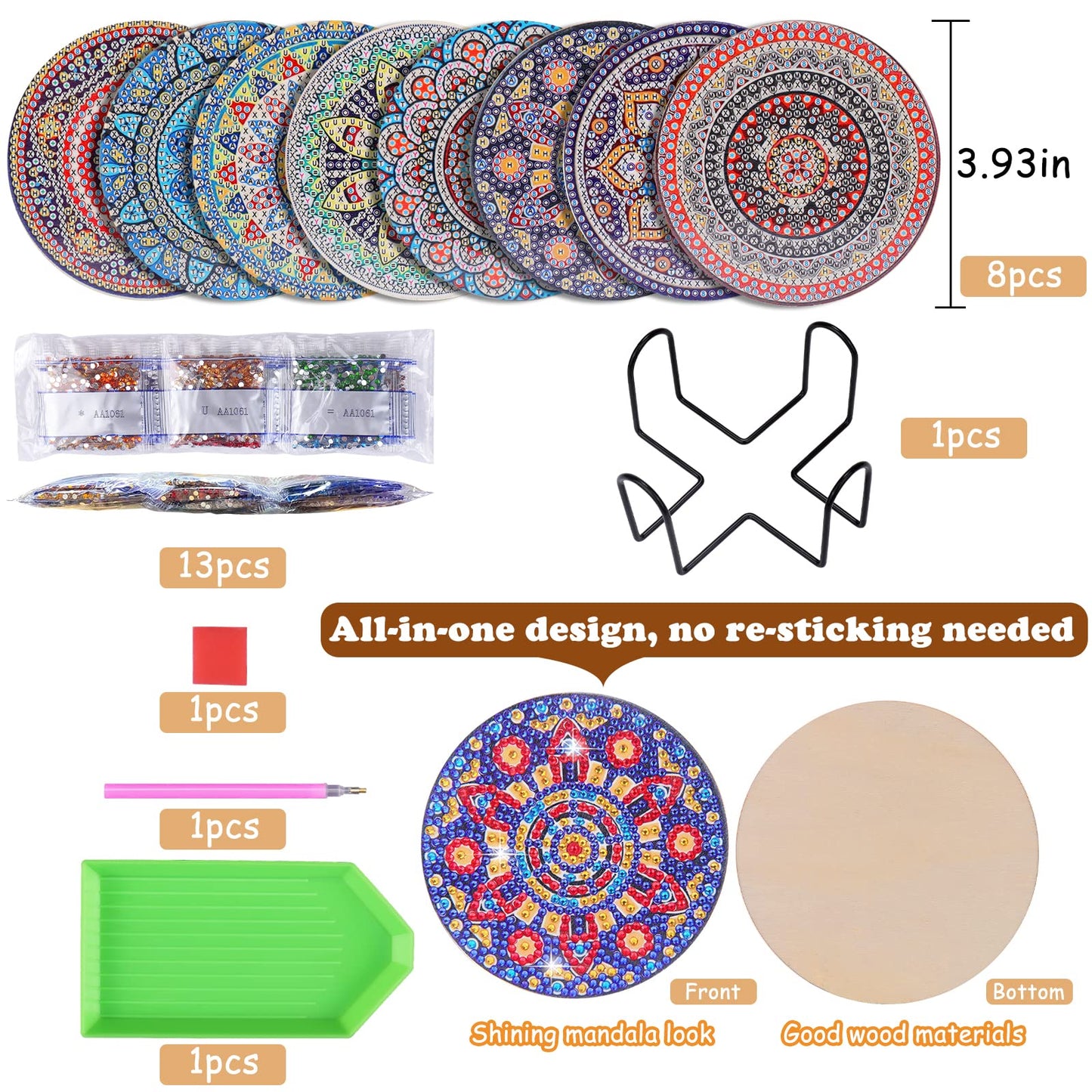 Diy 8pcs/set Mandala  Diamond Painting Coasters with Holder