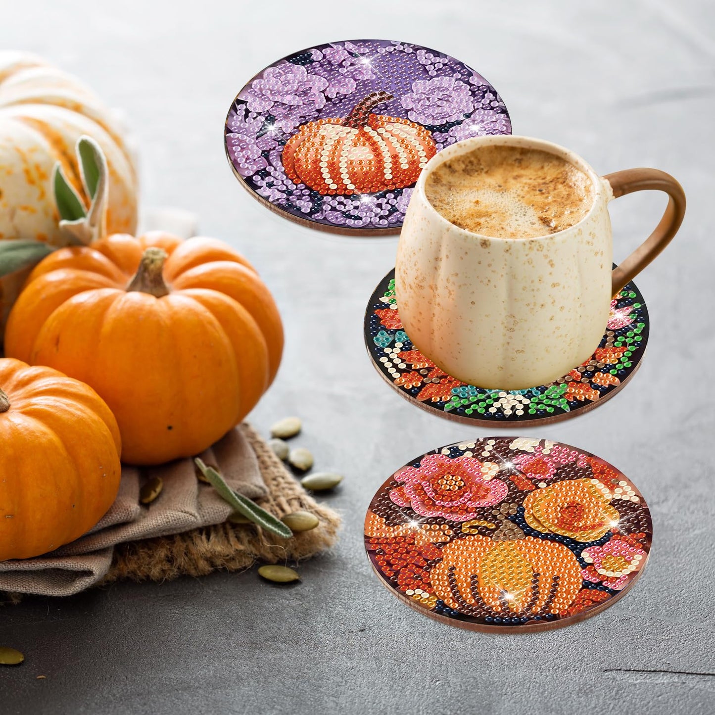 Diy 8pcs/set Pumpkin  Diamond Painting Coasters with Holder