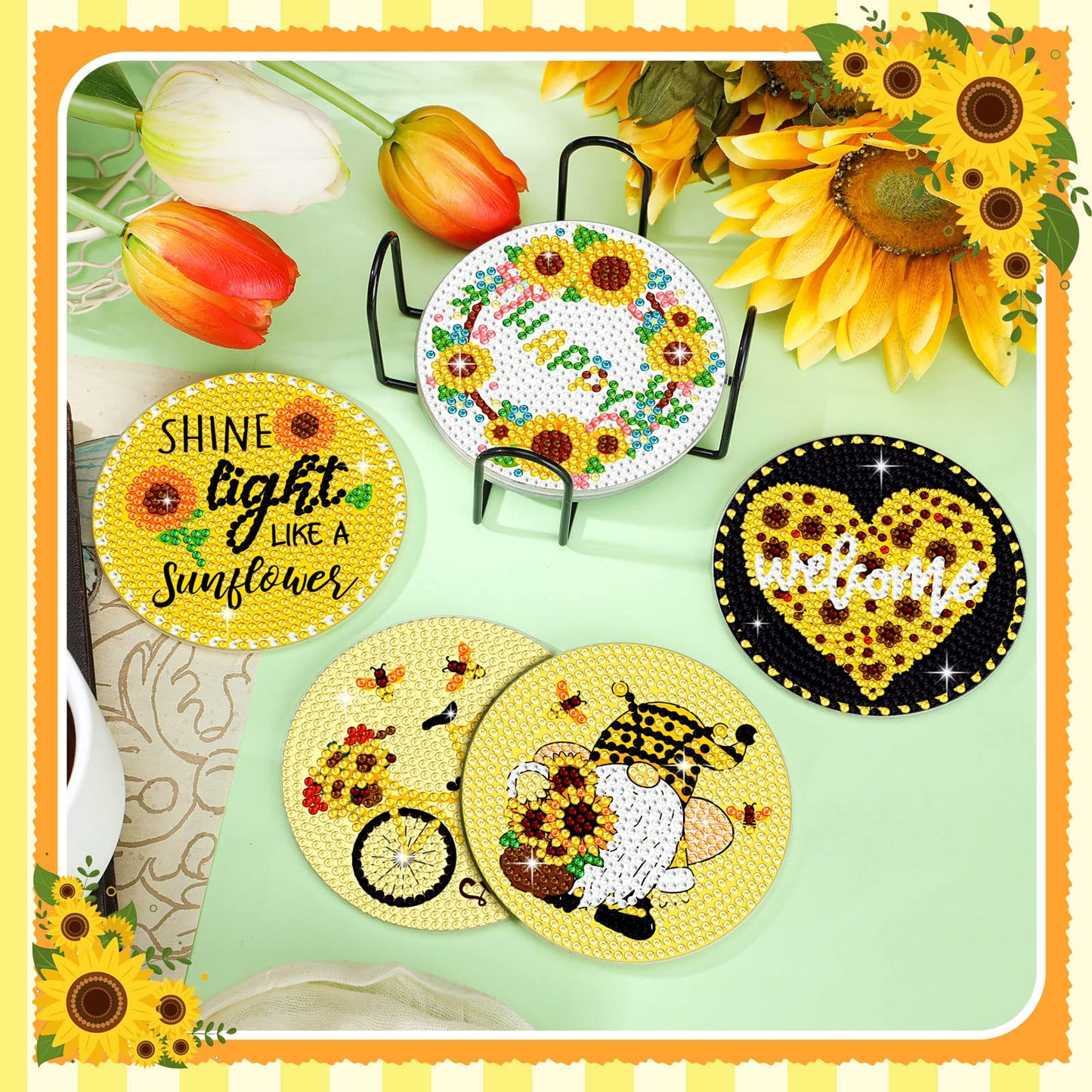 Diy 8pcs/set Gnome Flower  Diamond Painting Coasters with Holder