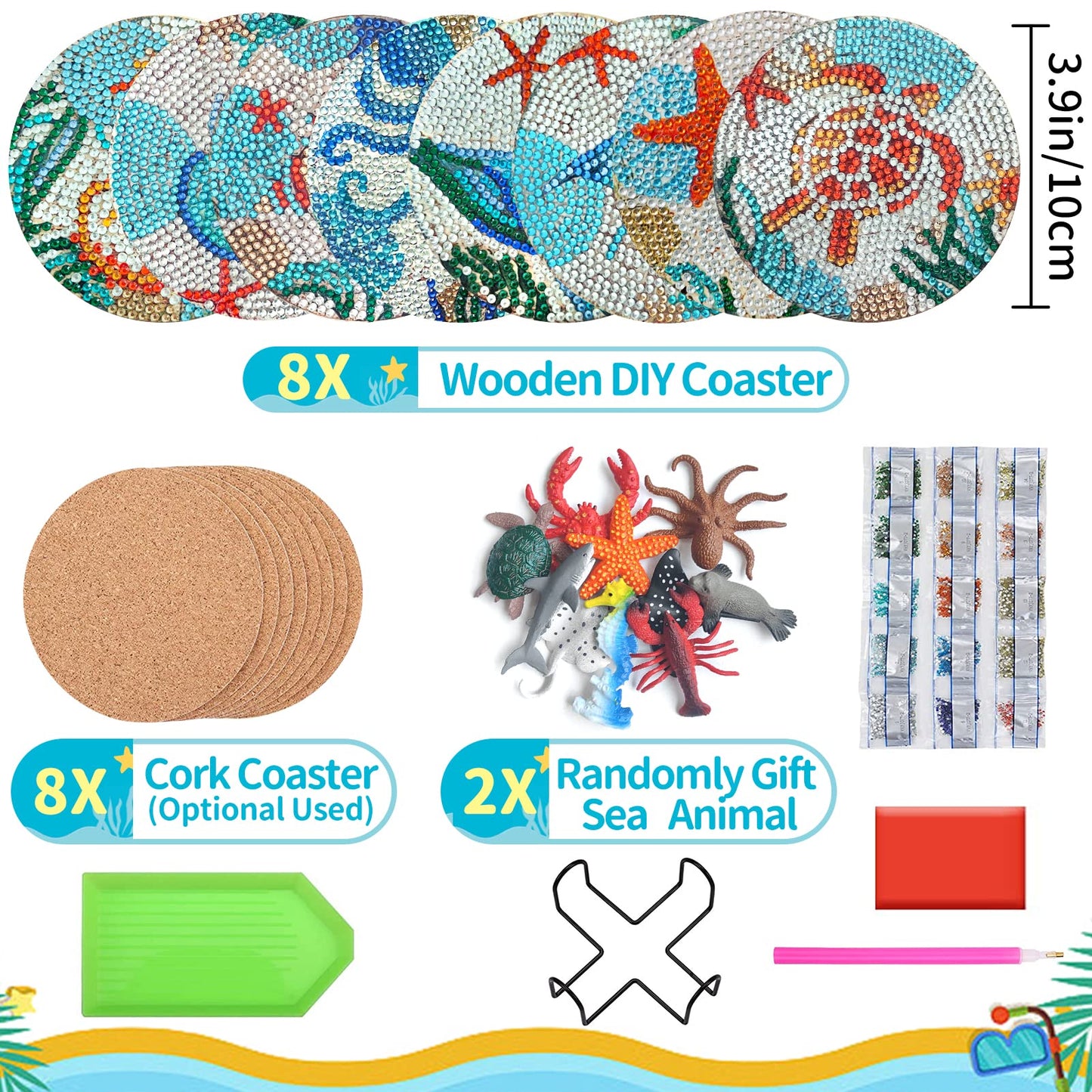 Diy 8pcs/set Animal  Diamond Painting Coasters with Holder