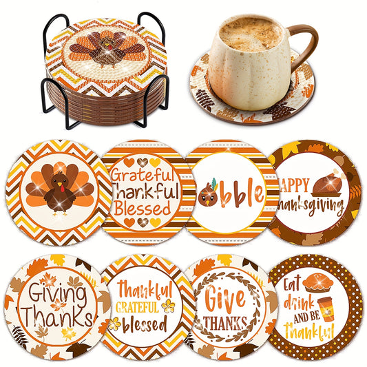 Diy 8pcs/set Thanksgiving Day  Diamond Painting Coasters with Holder