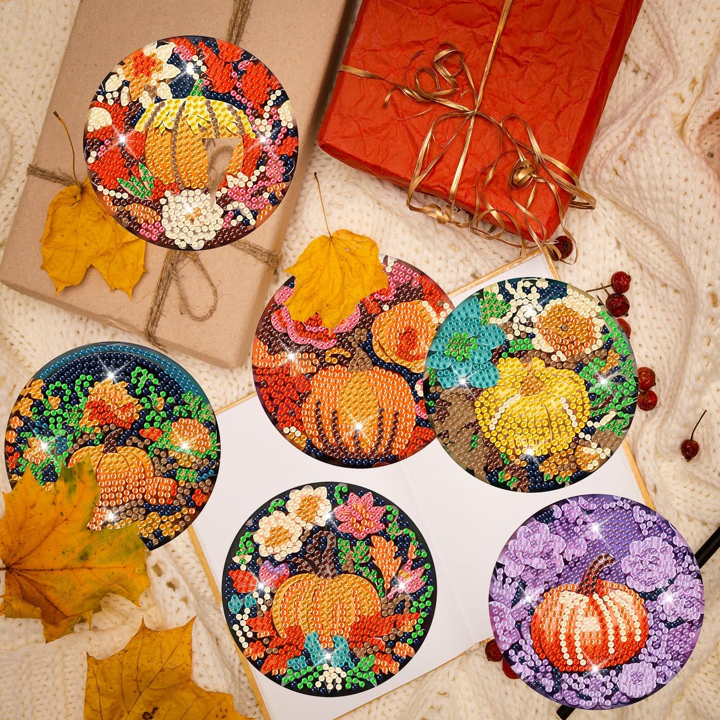 Diy 8pcs/set Pumpkin  Diamond Painting Coasters with Holder