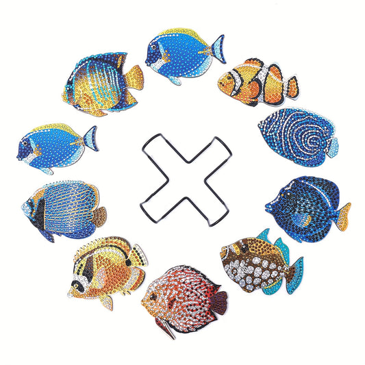 Diy 10pcs/set Fish  Diamond Painting Coasters with Holder