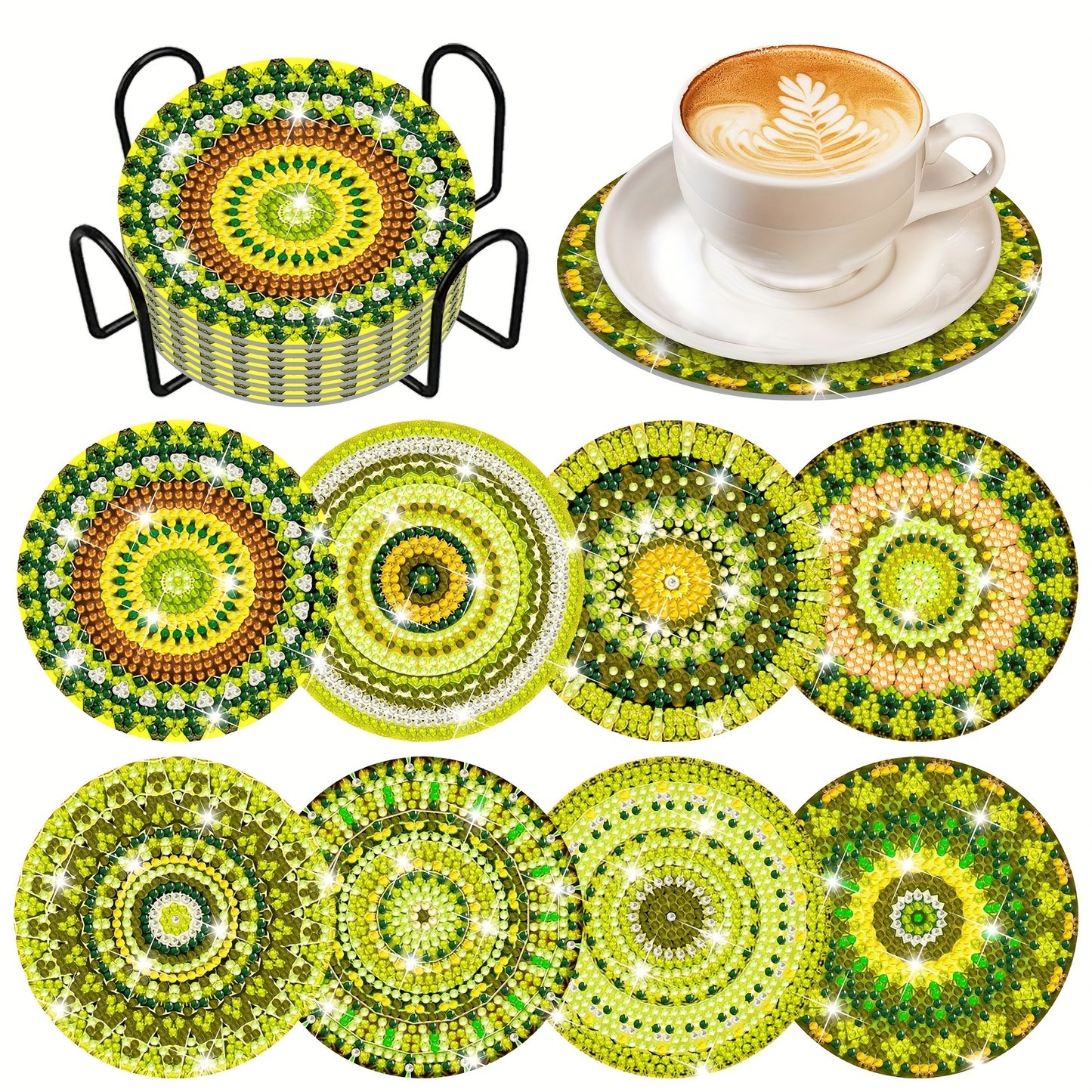 Diy 8pcs/set Mandala  Diamond Painting Coasters with Holder